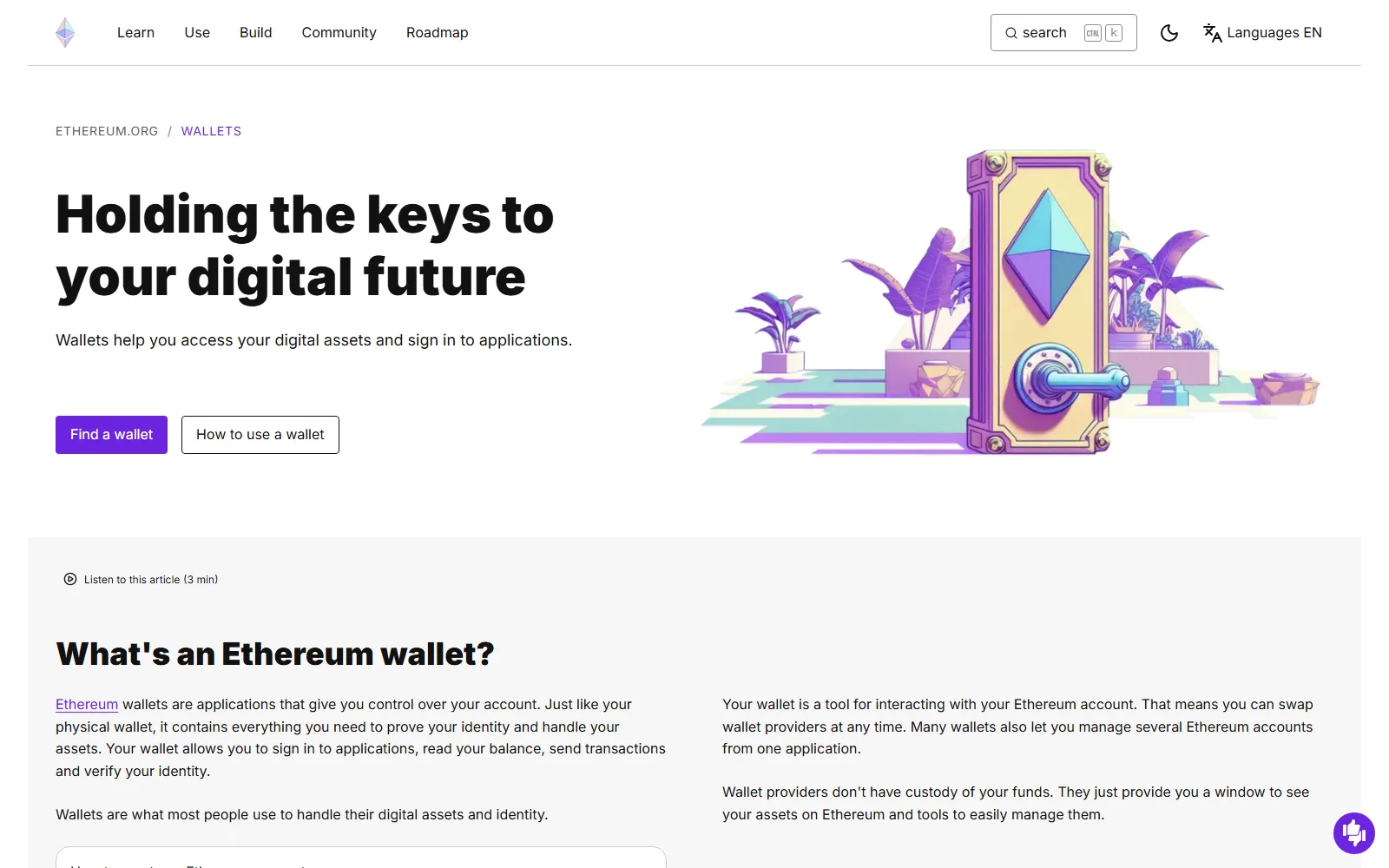 ໜ້າ Wallets ຂອງ ethereum.org ສະບັບພາສາອັງກິດ ພາກ “What’s an Ethereum wallet?” ທີ່ອະທິບາຍວ່າກະເປົາເປັນເຄື່ອງມືເຂົ້າເຖິງບັນຊີ ແລະ ຜູ້ໃຫ້ບໍລິການກະເປົາບໍ່ໄດ້ຖືເງິນຂອງທ່ານ