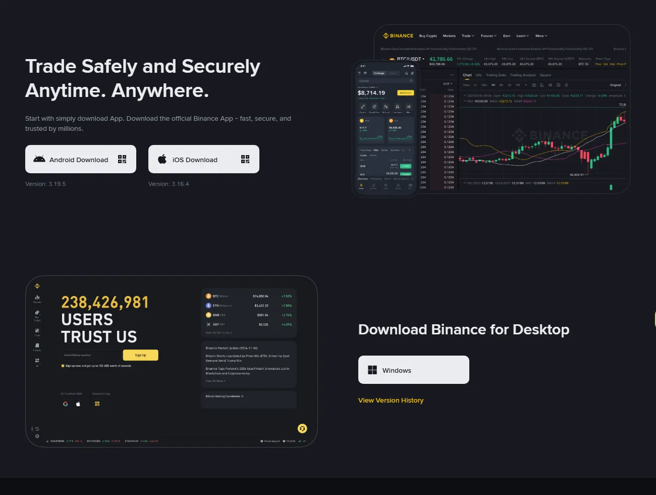 ໜ້າ Binance Download ທີ່ສະແດງ Android Download, iOS Download ແລະ Windows desktop ໃນວັນທີ 2026-08-25
