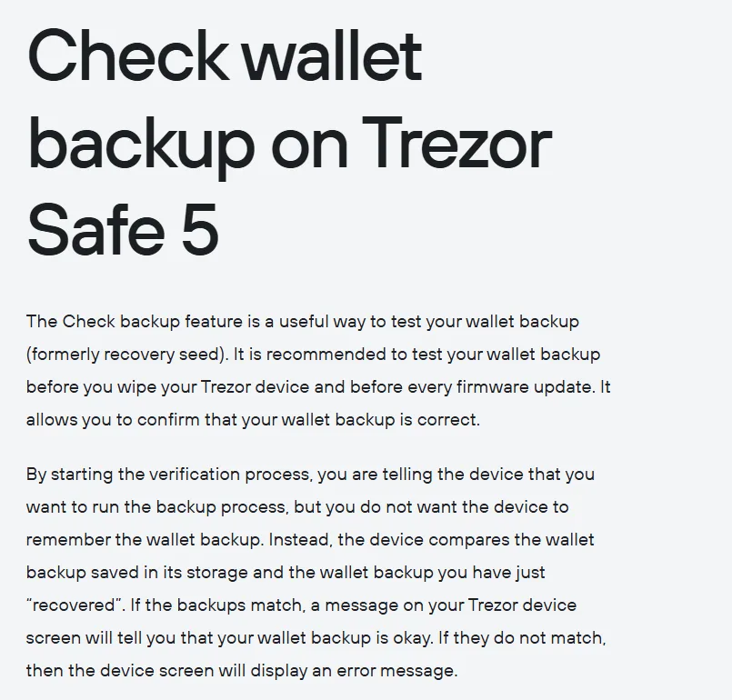 ຄຳອະທິບາຍ Check backup ໃນຄູ່ມື Trezor Safe 5: ອຸປະກອນທຽບຄຳກູ້ຄືນທີ່ພິມກັບທີ່ເກັບໄວ້ ໂດຍບໍ່ຈື່ຄຳທີ່ພິມ, ແນະນຳໃຫ້ກວດກ່ອນລ້າງເຄື່ອງ ແລະ ກ່ອນອັບເດດ firmware