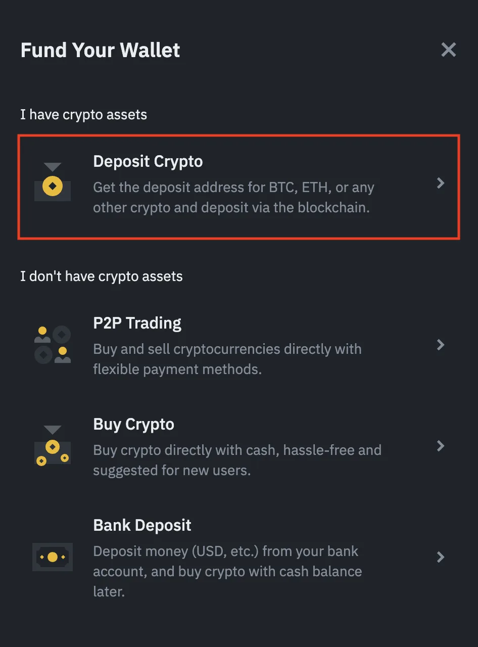 ເມນູ Fund Your Wallet ຂອງ Binance ທີ່ເນັ້ນຕົວເລືອກ Deposit Crypto