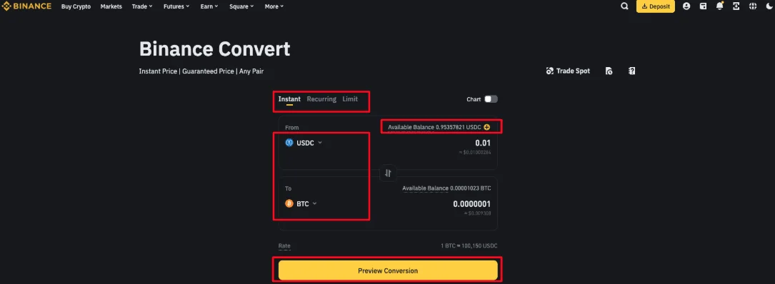 ໜ້າ Binance Convert ທີ່ສະແດງຊ່ອງ From, To ແລະ ປຸ່ມ Preview Conversion