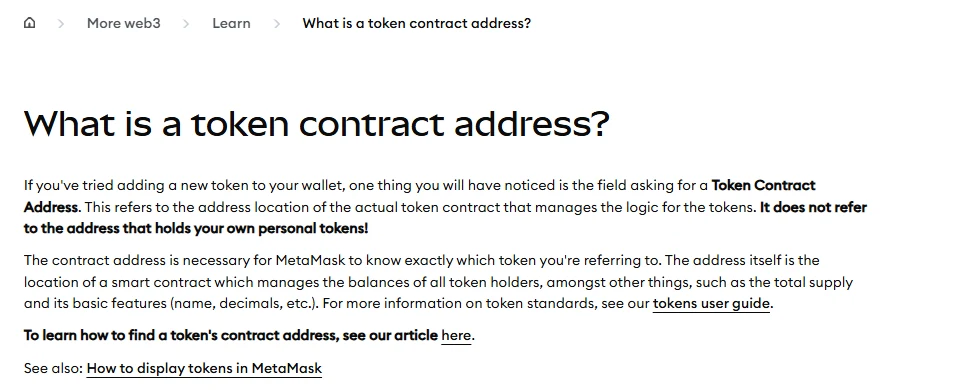 ໜ້າຊ່ວຍເຫຼືອ MetaMask ຫົວຂໍ້ What is a token contract address? ອະທິບາຍວ່າທີ່ຢູ່ສັນຍາແມ່ນບ່ອນຢູ່ຂອງສັນຍາໂທເຄັນ ແລະ ບໍ່ແມ່ນທີ່ຢູ່ກະເປົາຂອງຜູ້ໃຊ້