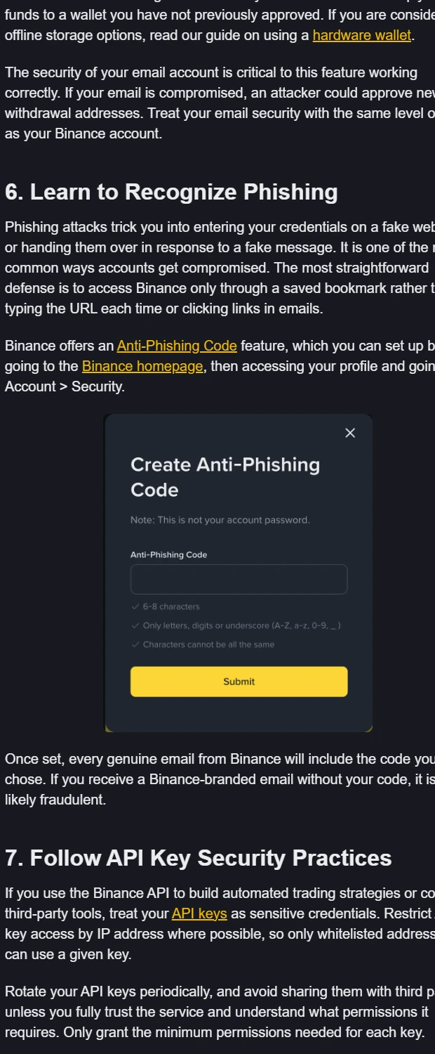 ໜ້າ Create Anti-Phishing Code ຂອງ Binance ທີ່ສະແດງຊ່ອງກອກ code, ເງື່ອນໄຂ ແລະ ປຸ່ມ Submit