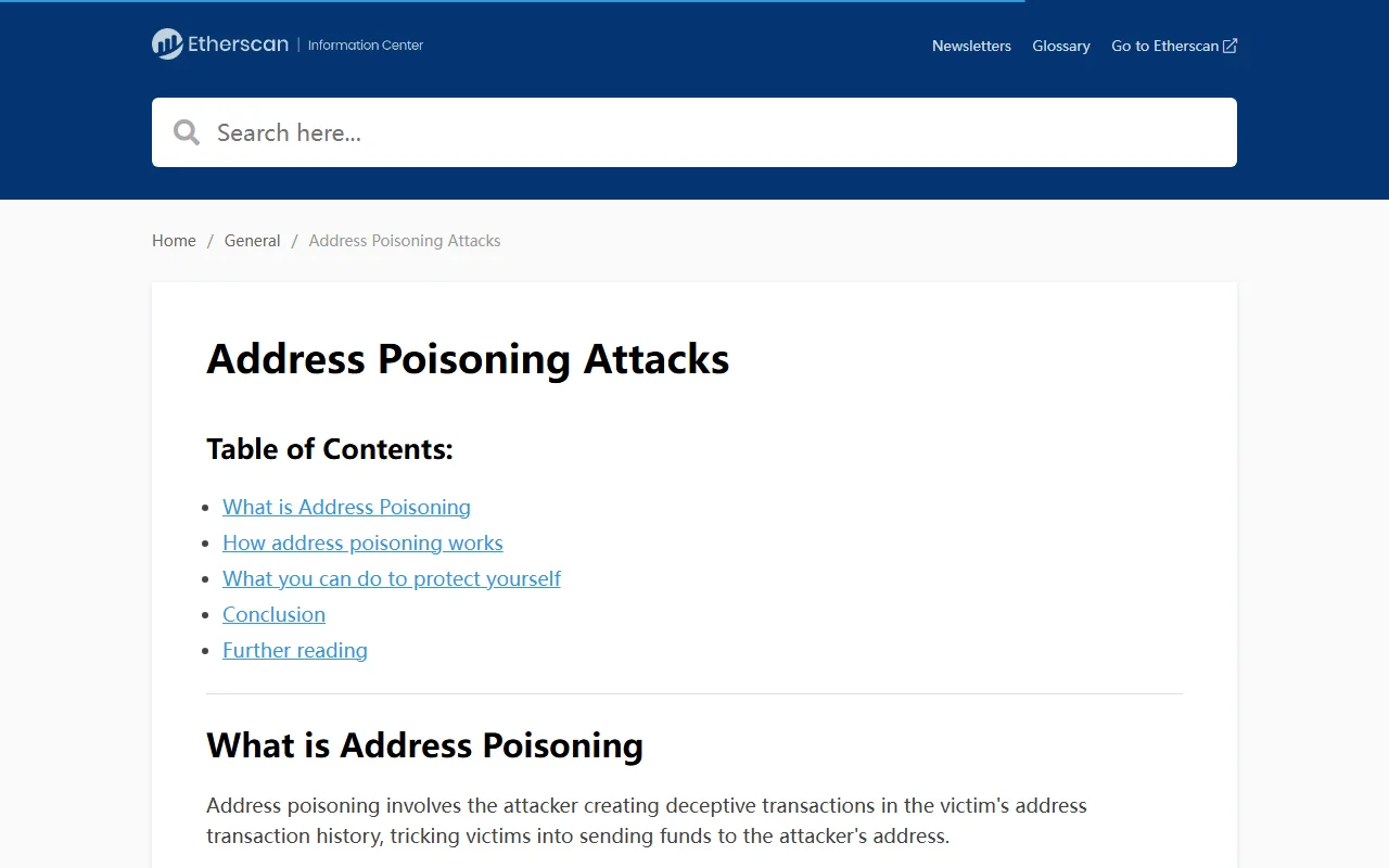 ໜ້າຖານຄວາມຮູ້ Etherscan ຫົວຂໍ້ Address Poisoning Attacks ສະແດງສາລະບານ: ຄືຫຍັງ, ເຮັດວຽກແນວໃດ, ວິທີປ້ອງກັນຕົນເອງ