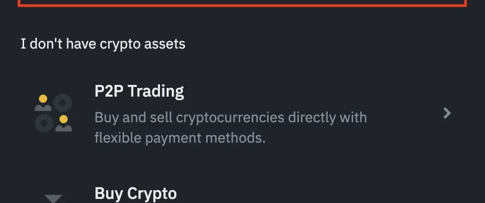 ເມນູ Fund Your Wallet ຂອງ Binance ທີ່ສະແດງທາງເຂົ້າ P2P Trading