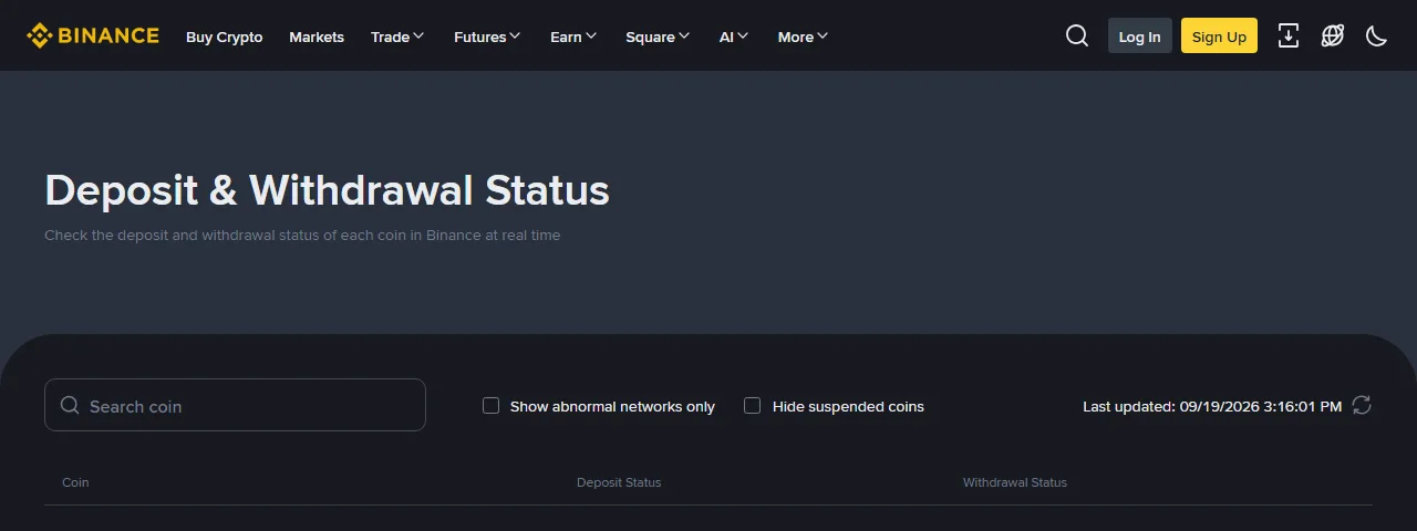 ໜ້າ Deposit & Withdrawal Status ຂອງ Binance ມີຊ່ອງຄົ້ນຫາຫຼຽນ ແລະ ຕົວກັ່ນຕອງສະແດງສະເພາະເຄືອຂ່າຍຜິດປົກກະຕິ