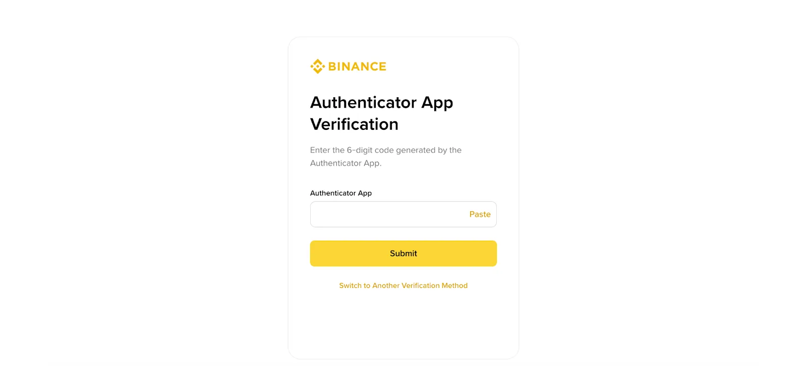 ໜ້າ Authenticator App Verification ຂອງ Binance ທີ່ໃຫ້ກອກລະຫັດຫົກຫຼັກ
