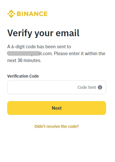 ໜ້າ Binance ສຳລັບກອກລະຫັດຢືນຢັນທີ່ສົ່ງທາງອີເມວ