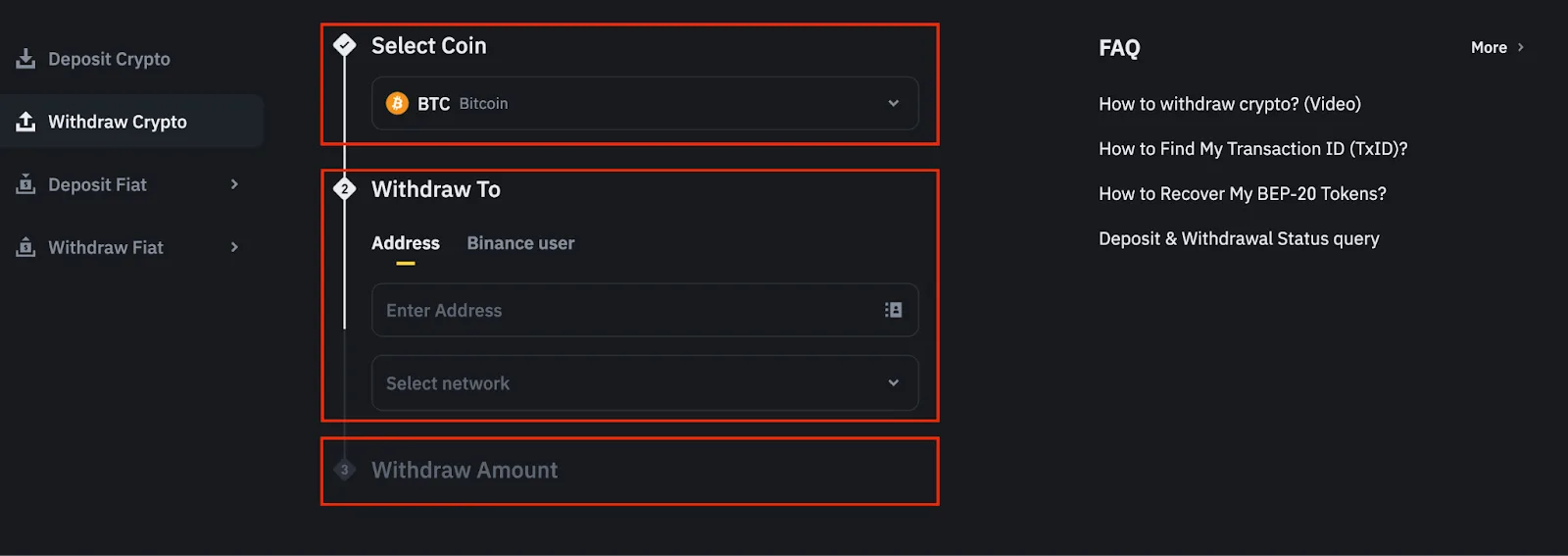 ໜ້າ Withdraw Crypto ຂອງ Binance ທີ່ສະແດງ Select Coin, Address, Network ແລະ Amount