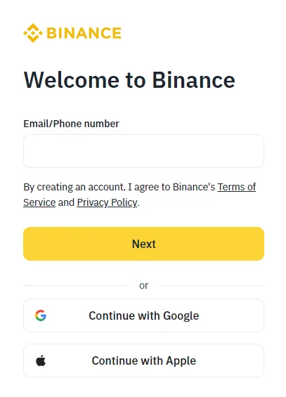 ແບບຟອມລົງທະບຽນ Binance ທີ່ໃຫ້ກອກອີເມວ ຫຼື ເບີໂທ