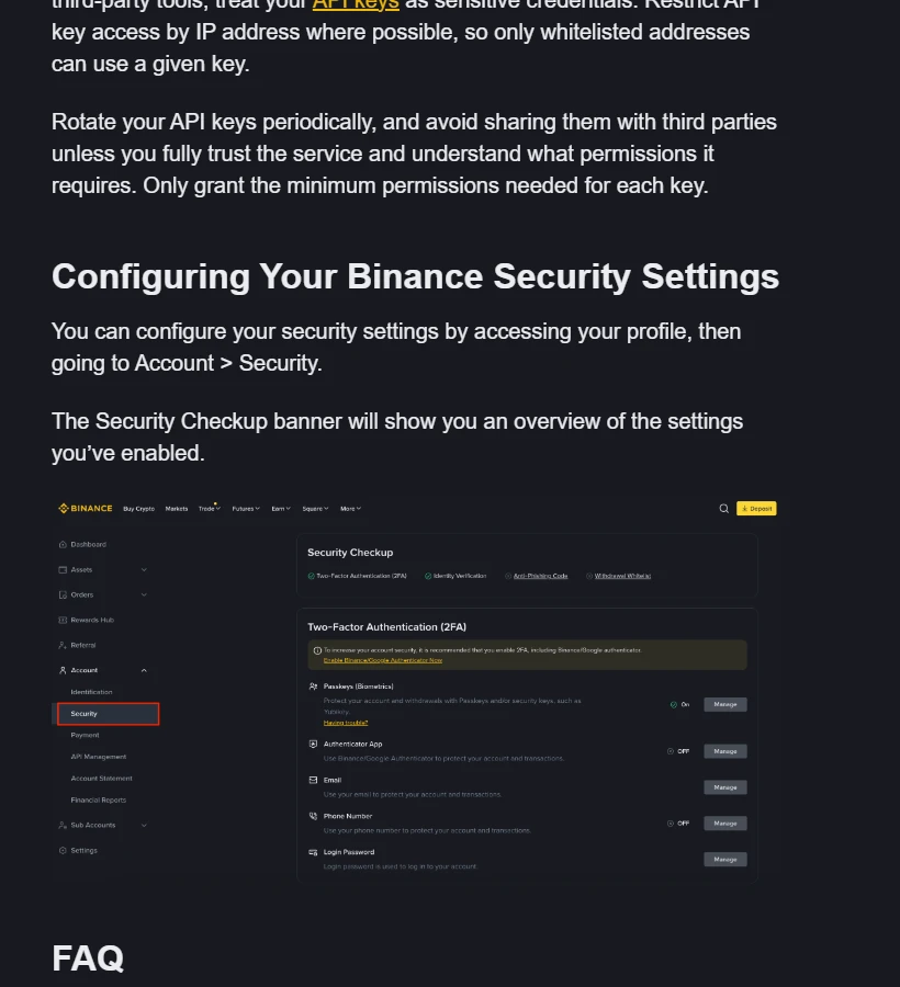 ໜ້າ Security Settings ຂອງ Binance ທີ່ສະແດງ Security Checkup, Passkeys, Authenticator App, Email ແລະ Phone Number