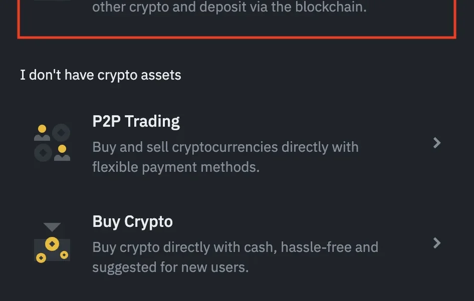 ເມນູ Binance ທີ່ສະແດງ P2P Trading ແລະທາງເລືອກຊື້ຄຣິບໂຕ