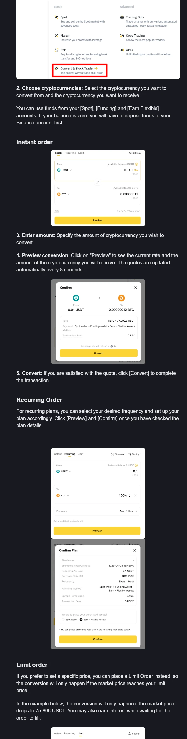 ຂັ້ນຕອນ Binance Convert ຈາກ Instant order, Preview quote ໄປຫາ Confirm ທີ່ສະແດງ From, To, rate, wallet ແລະ amount received