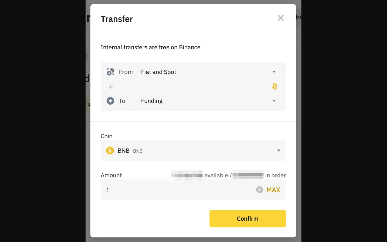 ໜ້າ Transfer ຂອງ Binance ສຳລັບທິດ Spot ໄປ Funding ທີ່ສະແດງ From Fiat and Spot, To Funding, Coin, Amount ແລະ Confirm