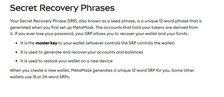 ໜ້າຄູ່ມືຂອງ MetaMask ພາກ Secret Recovery Phrases ທີ່ອະທິບາຍວ່າ SRP ເປັນ master key ຂອງກະເປົາ, ໃຊ້ສ້າງ ແລະ ກູ້ບັນຊີ, ແລະ ໃຊ້ຟື້ນກະເປົາໃນອຸປະກອນໃໝ່