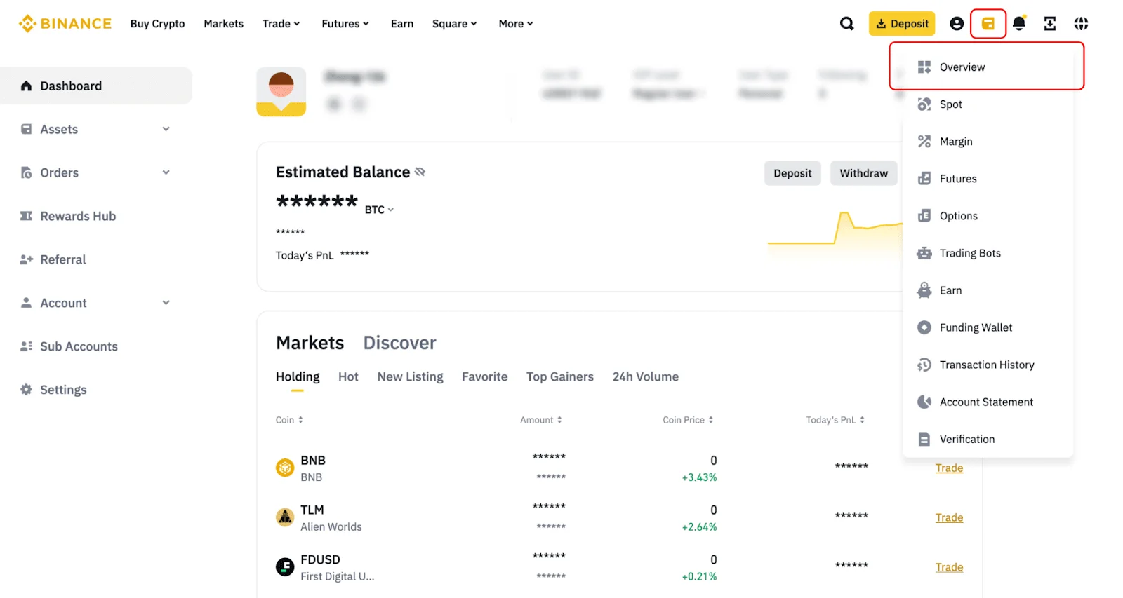 ໜ້າ Wallet Overview ຂອງ Binance ທີ່ສະແດງ Overview, Spot, Funding ແລະ ເມນູຊັບສິນ