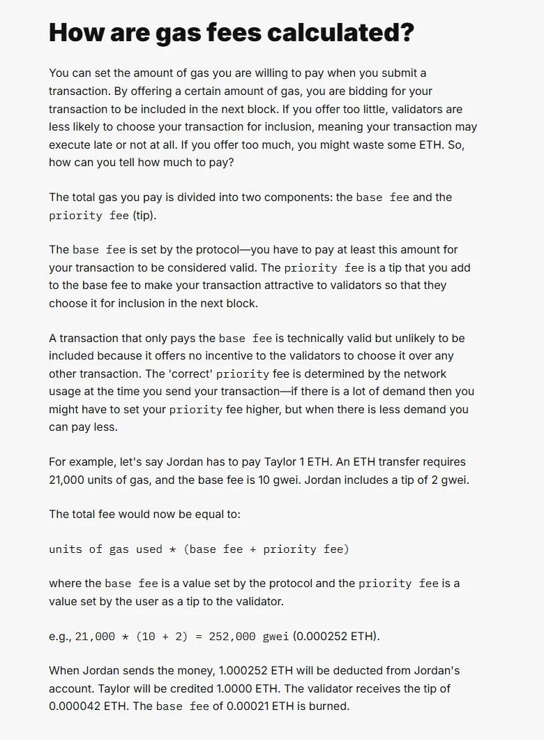 ໜ້າ Gas and fees ຂອງ ethereum.org ພາກ How are gas fees calculated ທີ່ສະແດງສູດ units of gas used × (base fee + priority fee) ແລະ ຕົວຢ່າງ 21,000 × (10 + 2) = 252,000 gwei