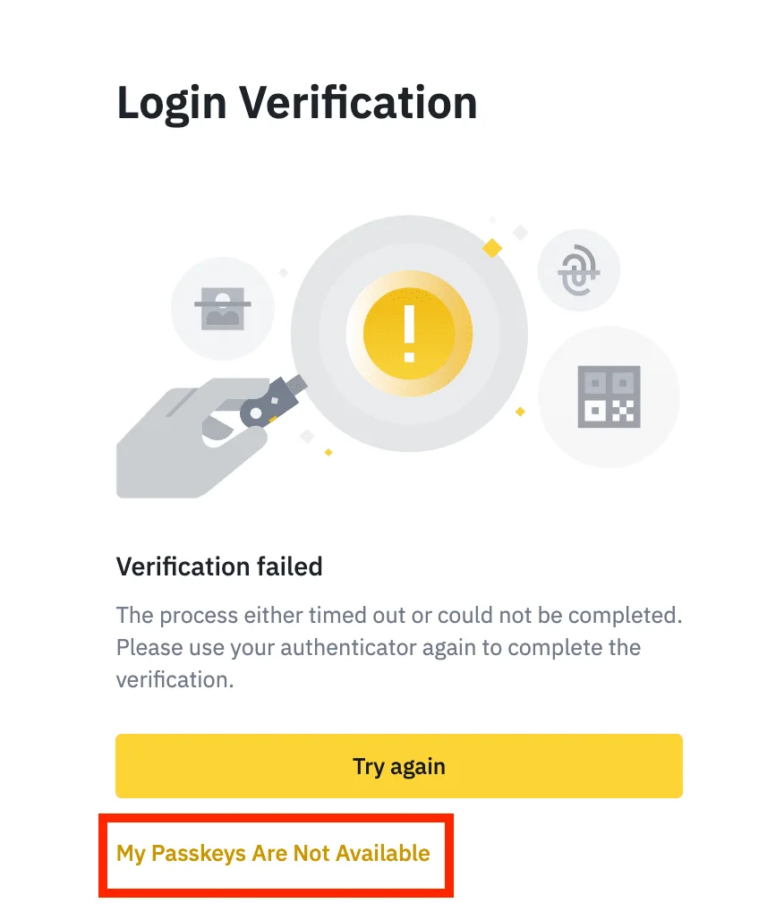 ໜ້າ Login Verification ຂອງ Binance ທີ່ສະແດງຕົວເລືອກ passkey