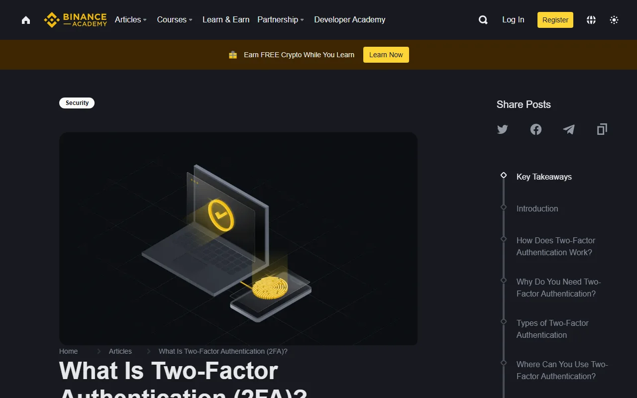ໜ້າບົດຄວາມ Binance Academy ທີ່ອະທິບາຍ 2FA ແລະ passkey ສຳລັບປ້ອງກັນບັນຊີ