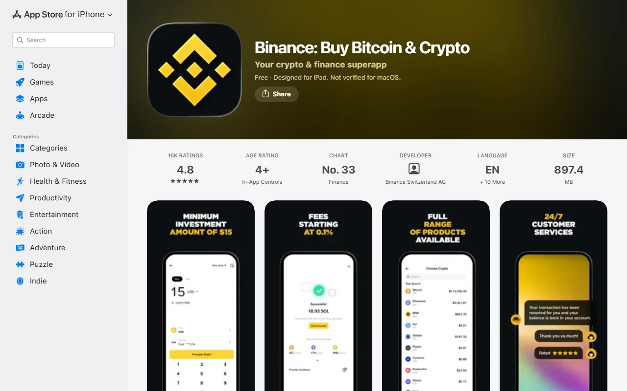 ໜ້າ App Store ຂອງ Binance: Buy Bitcoin & Crypto ທີ່ຖ່າຍໃນວັນທີ 2026-08-25