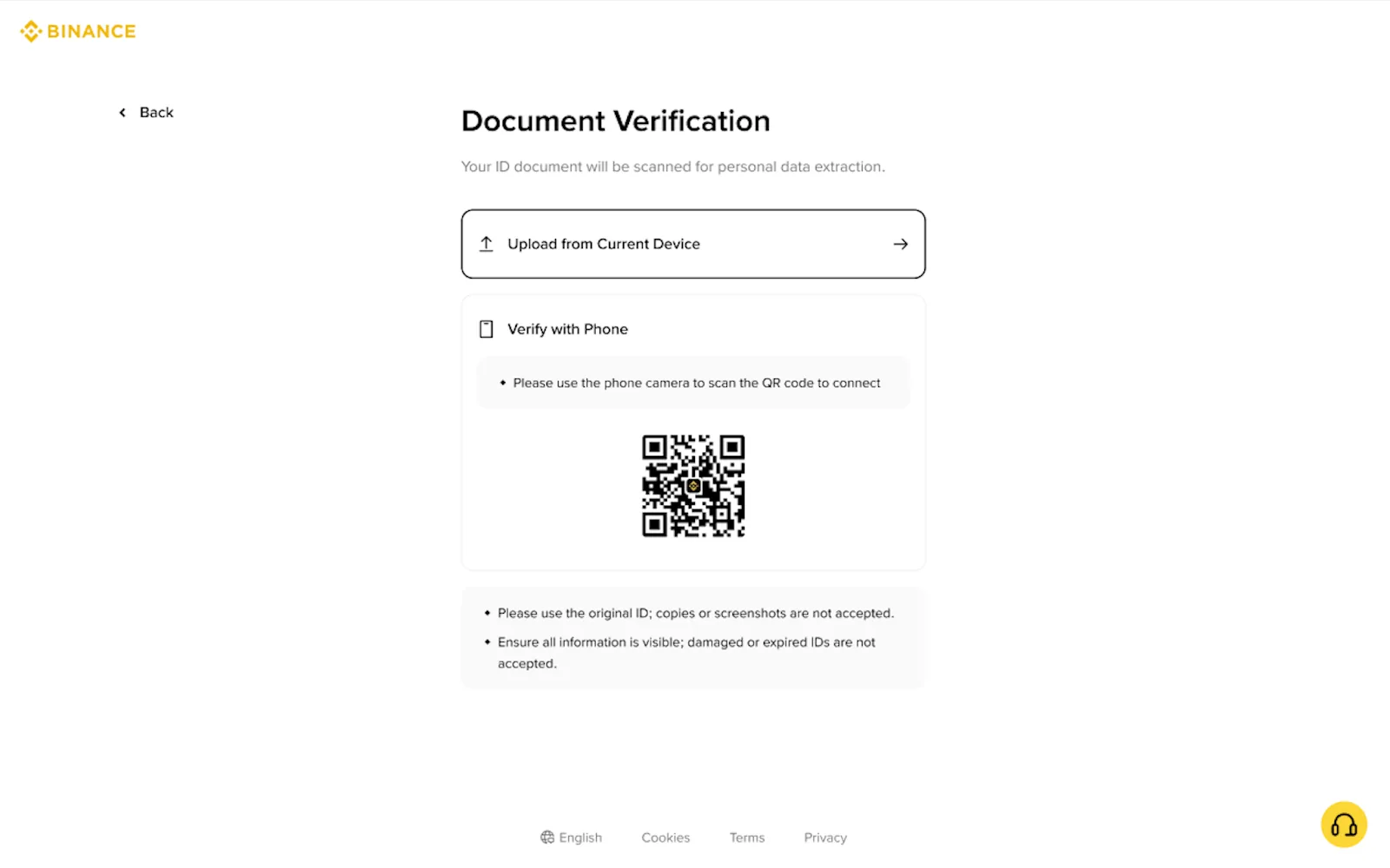ໜ້າ Document Verification ຂອງ Binance ສຳລັບອັບໂຫຼດເອກະສານ ຫຼື ສະແກນ QR ໄປມືຖື