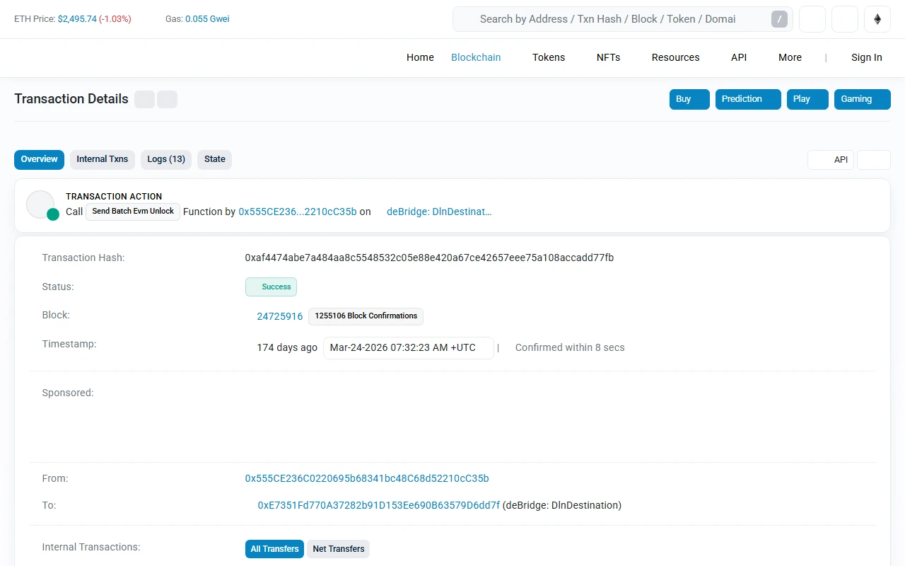 ໜ້າ Transaction Details ຈິງຂອງ Etherscan ສະແດງ Status ເປັນ Success, ເລກ Block ແລະ Block Confirmations