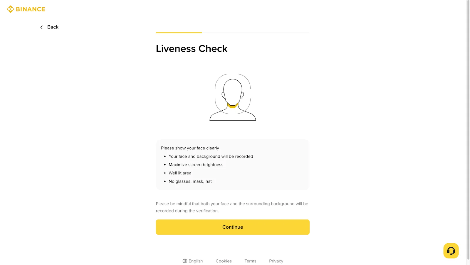 ໜ້າ Liveness Check ຂອງ Binance ທີ່ແນະນຳໃຫ້ຢູ່ໃນພື້ນທີ່ແສງພຽງພໍ