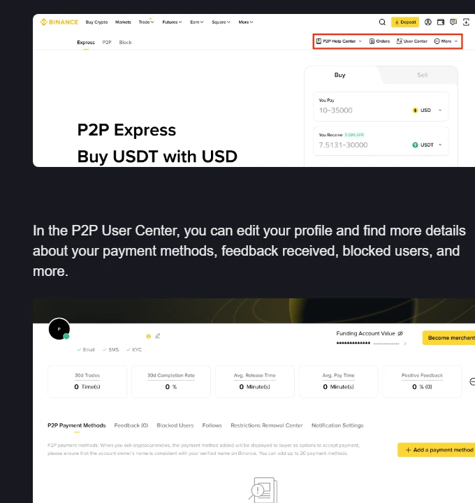 ໜ້າ P2P User Center ຂອງ Binance ທີ່ສະແດງແຖບ P2P Payment Methods ແລະ ປຸ່ມ Add a payment method