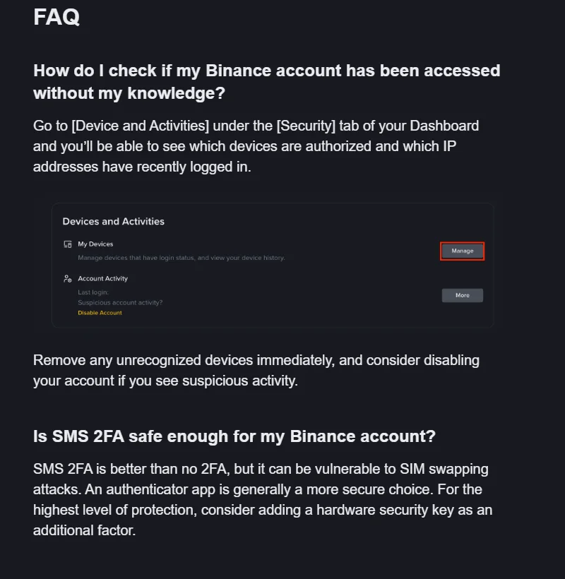 ຕົວຢ່າງຈາກຄູ່ມື Binance Academy ທີ່ສະແດງ Security > Devices and Activities, ປຸ່ມ Manage ແລະ Disable Account ສຳລັບກວດ device ຫຼືລະງັບບັນຊີ
