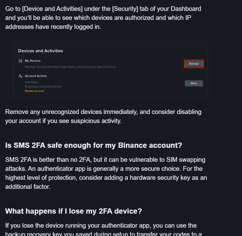ໜ້າ Devices and Activities ຂອງ Binance ທີ່ສະແດງ My Devices, Account Activity ແລະ ປຸ່ມ Manage