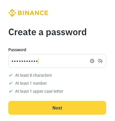 ໜ້າສ້າງລະຫັດຜ່ານ Binance ແລະ ລາຍການເງື່ອນໄຂ password